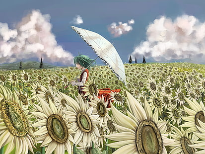 clouds, flowers, green, hair, kazami, marubororaito, short, sunflower, touhou, umbrella, yuuka, HD wallpaper HD wallpaper