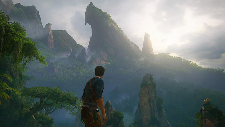 homme debout près de papier peint de falaise rocheuse, Uncharted 4: A Thief's End, Nathan Drake, jeux vidéo, montagnes, inexploré, Fond d'écran HD