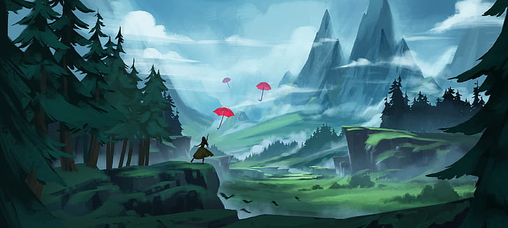 abbildung, frauen, landschaft, berge, wald, regenschirm, fantasiekunst, HD-Hintergrundbild