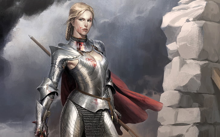 personnage de femme portant une armure, fille, métal, sang, armure, guerrier, art, manteau, Fond d'écran HD
