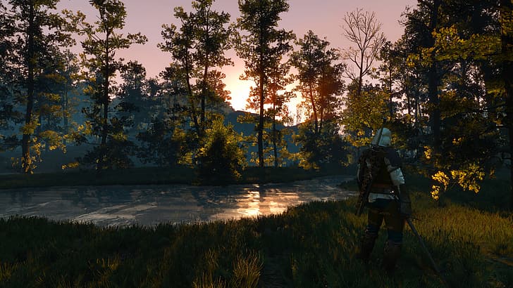 Andrzej Sapkowski ดาบ ต้นไม้ ธรรมชาติ แม่น้ำ ป่า รุ่งอรุณ ทะเลสาบ The Witcher 3: Wild Hunt วีดีโอเกมส์ ผมขาว The Witcher 3 ยืน ภาพหน้าจอ Geralt of Rivia แสงแดด เกม 4K การสะท้อน , ซีดี โครงการ RED, วอลล์เปเปอร์ HD