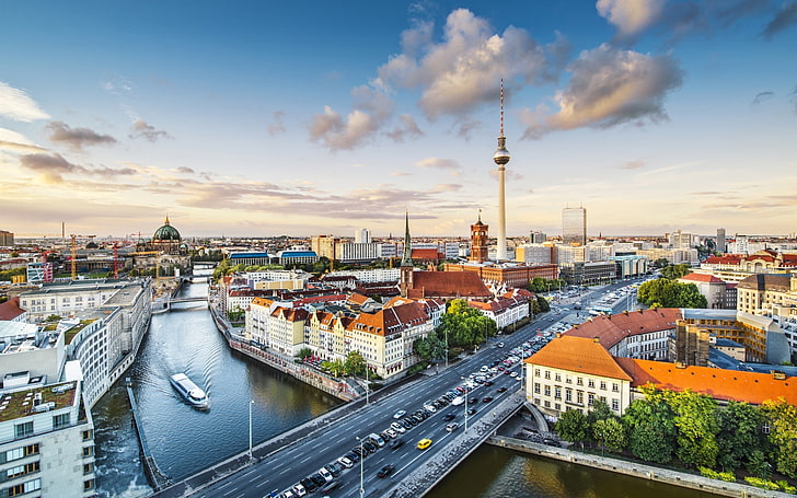 pejzaż miejski, budynek, rzeka, most, samochód, łódź, Berlin, Fernsehturm, Tapety HD
