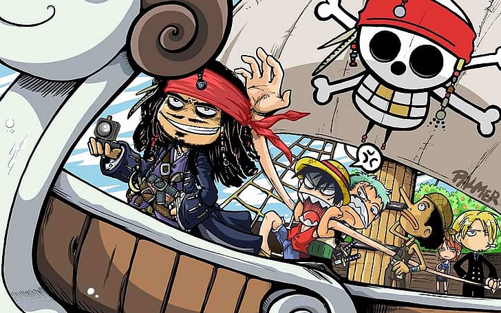 humor, Jack Sparrow, One Piece, Pirates of the Caribbean, Monkey D. Luffy, Nami, Sanji, Roronoa Zoro, Ussop, HD wallpaper