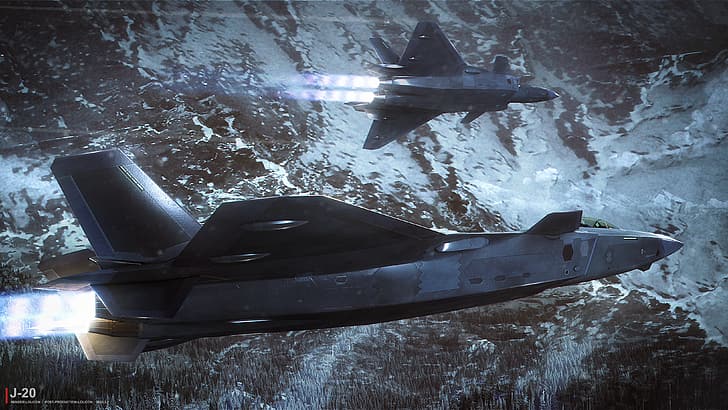 청두 J-20, 중국 항공기, 제트 전투기, 삽화, CGI, 산, 화이트 산맥, HD 배경 화면