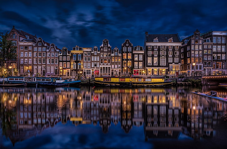reflection, building, Amsterdam, channel, Netherlands, night city, promenade, Singel Canal, The Singel Canal, HD wallpaper