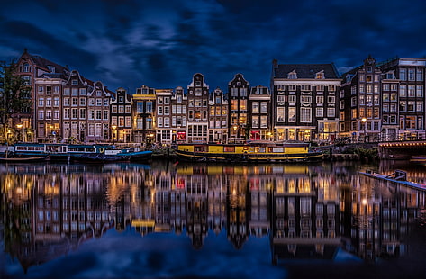 отражение, здание, амстердам, канал, нидерланды, ночной город, набережная, канал Сингел, канал Сингел, HD обои HD wallpaper