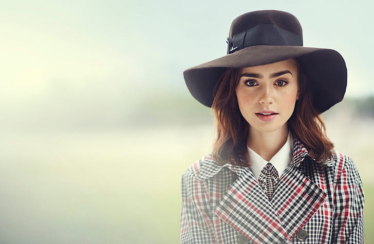 woman wearing black leather hat multicolred collared dress, Lily Collins, HD wallpaper