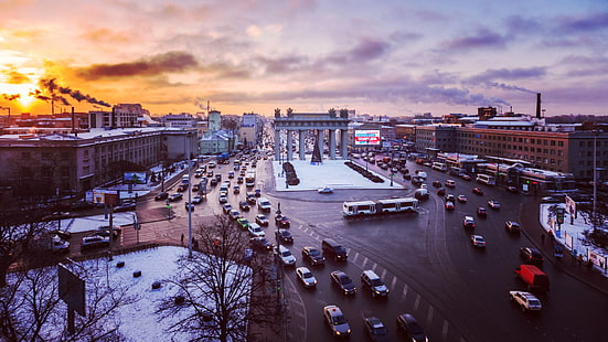градски пейзаж, Санкт Петербург, Московска триумфална порта, град, трафик, улица, зима, HD тапет HD wallpaper