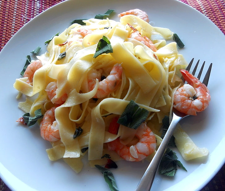 pasta with shrimp, shrimp, noodles, delicious, HD wallpaper