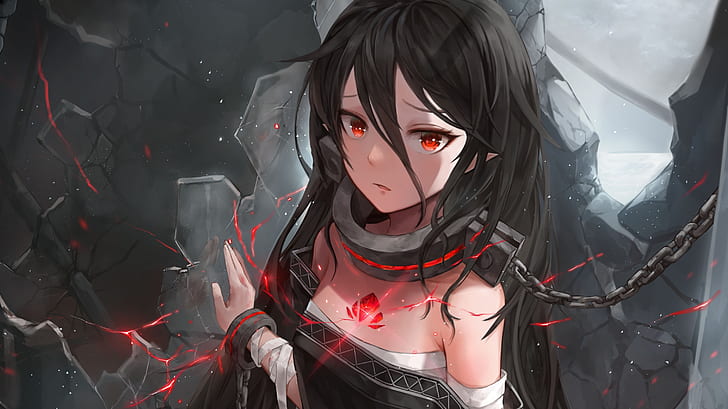 Anime, Original, Schwarzes Haar, Mädchen, Rote Augen, HD-Hintergrundbild