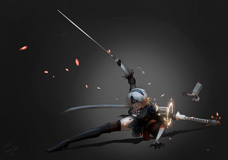 kobieta trzymająca miecz ilustracja, NieR, Nier: Automata, 2B (Nier: Automata), katana, Tapety HD