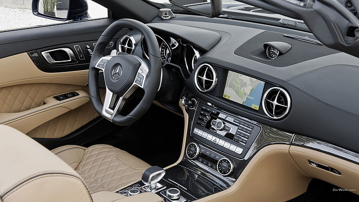 черен интериор на автомобил Mercedes-Benz, Mercedes SL 65 AMG, автомобил, интериор на автомобил, превозно средство, Mercedes Benz, HD тапет