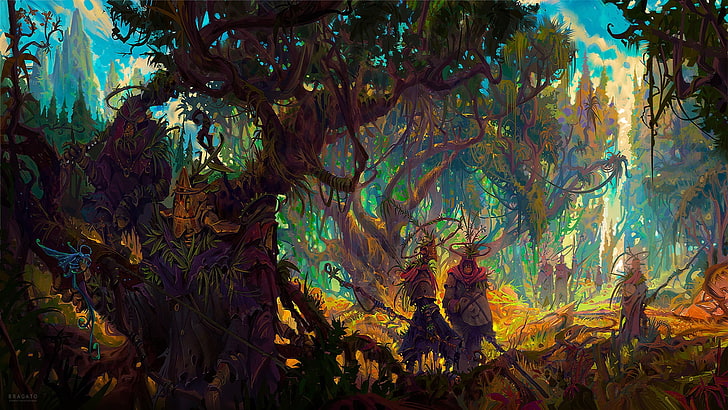 brown and green tree painting, colorful, forest, fantasy art, overgrown, creature, staff, druids, HD wallpaper
