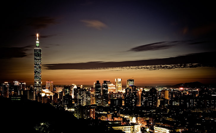 Taipei 101 en la noche, edificios de hormigón negro, ciudad, noche, Taipei, Fondo de pantalla HD