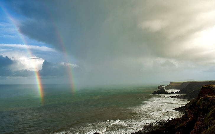 coast, ocean, rainbow, HD wallpaper