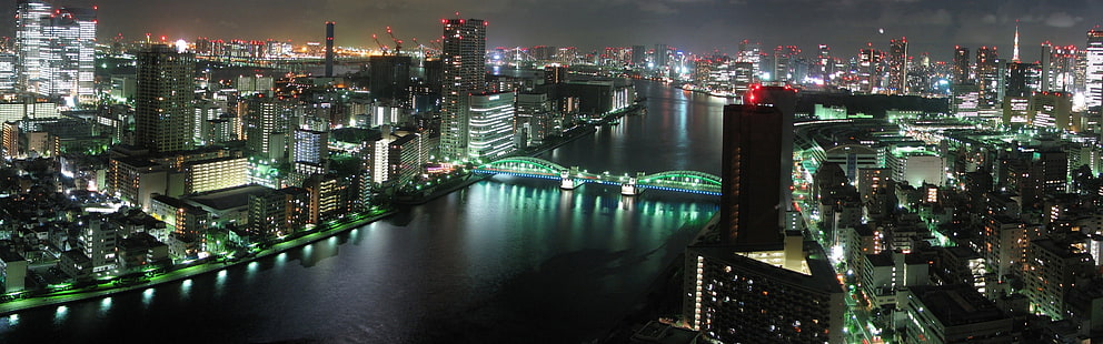 Tokyo city night, buildings, skyscrapers, river, bridge, lights, Japan, aerial photography of city, Tokyo, City, Night, Buildings, Skyscrapers, River, Bridge, Lights, Japan, HD wallpaper HD wallpaper