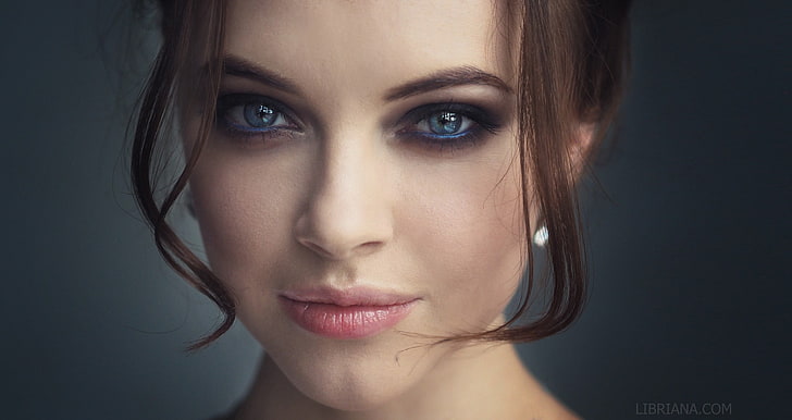 wanita, berambut cokelat, mata biru, wajah, potret, mata berasap, closeup, Polina Bodrova, Libriana, Wallpaper HD