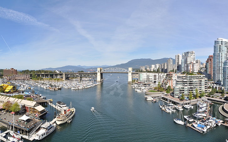 бяла яхта, Ванкувър, сграда, мост, лодка, лодки, кораби, кей, пристан, HD тапет