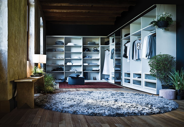white wooden rack, cupboard, shelves, interior, wardrobe, HD wallpaper