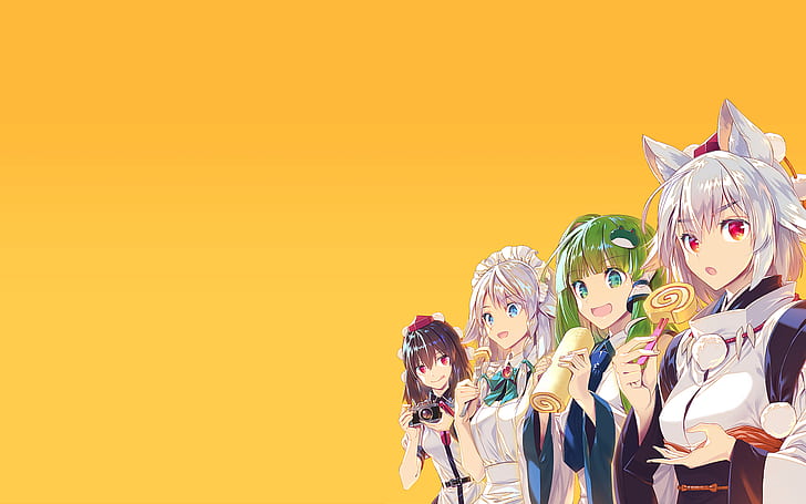 Touhou, аниме, аниме девушки, kitsunemimi, Izayoi Sakuya, желтый фон, аниме девушки едят, HD обои