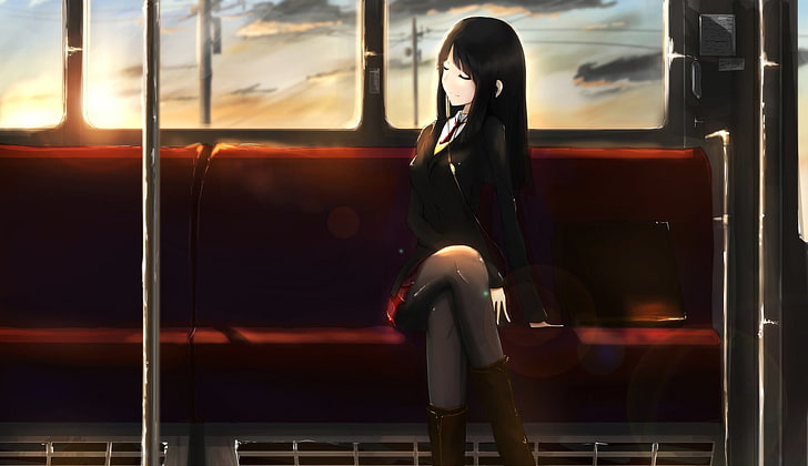 black haired female anime character, girl, sunset, smile, music, train, headphones, the car, sitting, art, kikivi, HD wallpaper