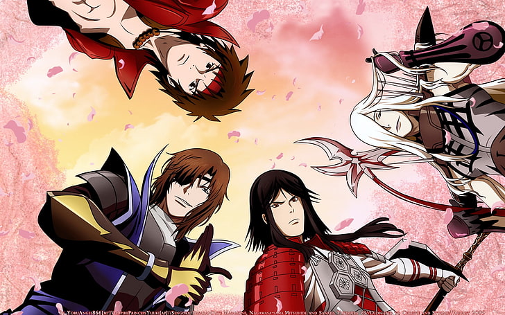 four anime characters illustration, sengoku basara, date masamune, sanada yukimura, akechi mitsuhide, azai nagamasa, guys, sky, HD wallpaper
