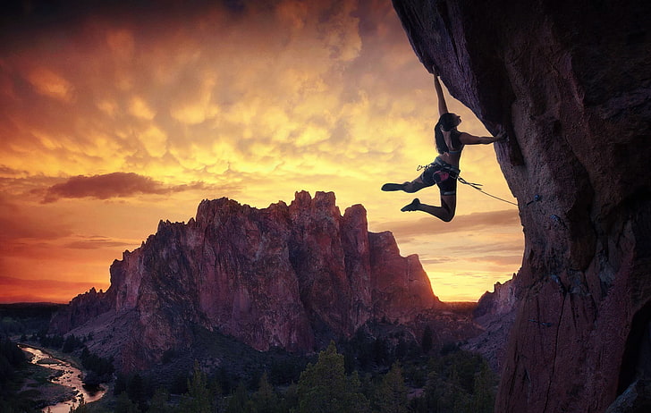 woman climbing cliff wallpaper, sports, climbing, landscape, women, mountains, sky, sunlight, nature, HD wallpaper