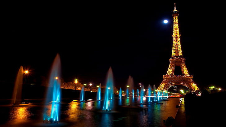 Париж, Айфелова кула, фонтани, Франция, Европа, Луна, нощ, кула, HD тапет