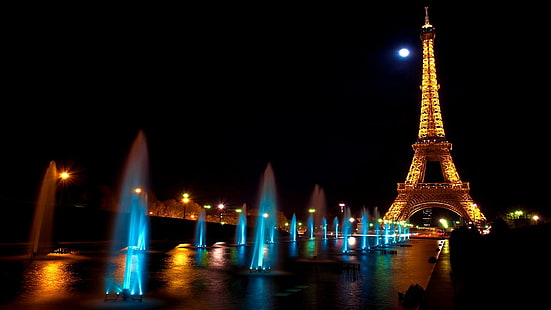 paris, eiffel tower, fountains, france, europe, moon, night, tower, HD wallpaper HD wallpaper