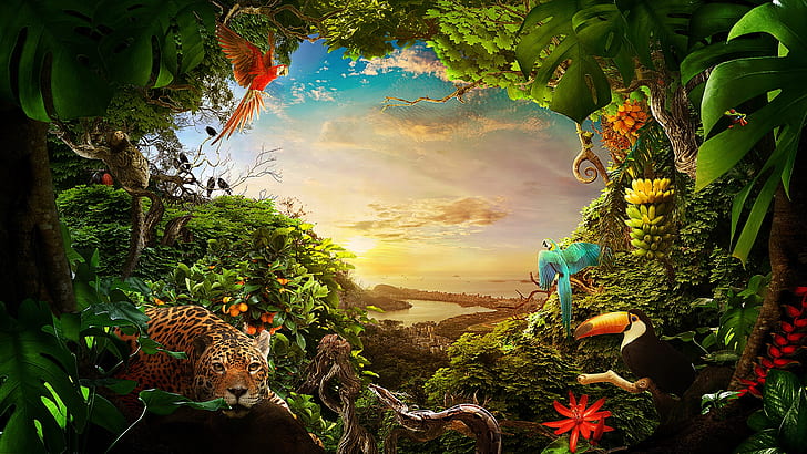 sea, greens, forest, animals, trees, landscape, birds, the city, coast, snake, jungle, leopard, frogs, parrots, Toucan, HD wallpaper