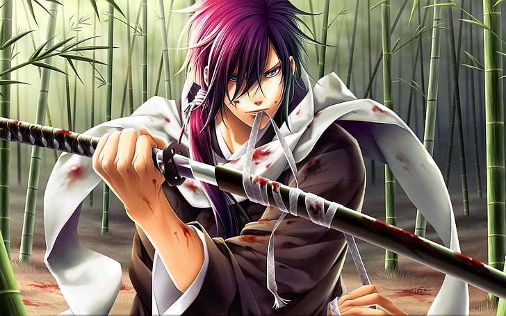 мужской персонаж аниме с фиолетовыми волосами, Китан Хакууки Синсэнгуми, Сайто Хадзимэ, катана, меч, HD обои