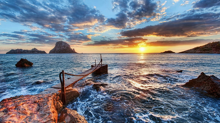 Meer, Himmel, Horizont, Küste, Ufer, Pier, Sonnenuntergang, Landzunge, Ibiza, Rock, Spanien, Ruhe, Balearen, Insel, HD-Hintergrundbild