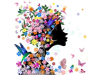 silhueta da cabeça da mulher coberta de flores clip-art, menina, borboleta, flores, pássaros, abstração, borboletas, HD papel de parede HD wallpaper
