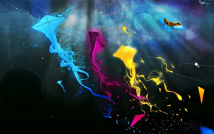 Kites Of Colour, nice, colours, colourful, kites, 3d and abstract, HD wallpaper