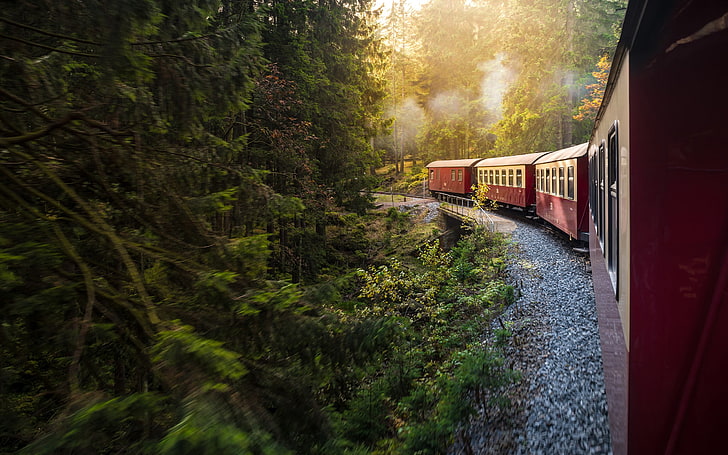 빨간색과 검은 색 금속 트레일러, 기차, 철도, HD 배경 화면