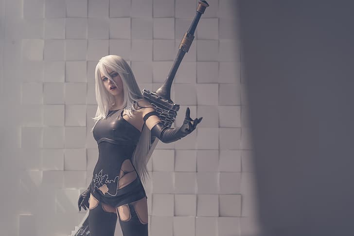 women, model, cosplay, Shirogane Sama, long hair, video games, video game girls, video game characters, bodysuit, black clothing, white hair, Nier: Automata, A2 (Nier: Automata), sword, weapon, looking at viewer, gloves, arm warmers, HD wallpaper