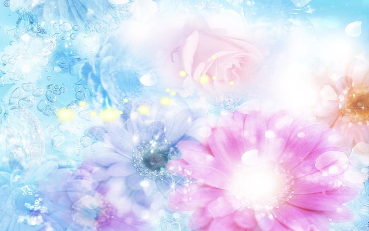 иллюстрация розовый цветок, розовый, голубой, цветы, размытым, фон, эффекты, HD обои