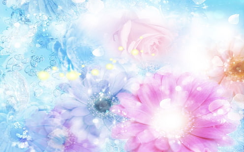 ilustrasi bunga merah muda, merah muda, biru, bunga, kabur, latar belakang, efek, Wallpaper HD HD wallpaper