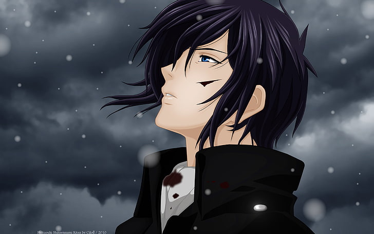 black-haired male anime character in black collared top, snow, clouds, blood, cut, guy, art, Hakuouki, Saitou Hajime, Cilou, Shinsengumi, Saito Hajime, HD wallpaper