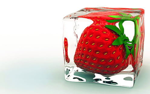 strawberry, ice cube, fruit, Food, HD wallpaper HD wallpaper