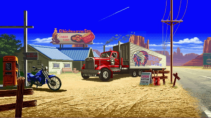 red trailer truck digital artwork, digital art, pixel art, pixelated, pixels, nature, landscape, Truck, motorcycle, road, house, gas stations, mountains, HD wallpaper