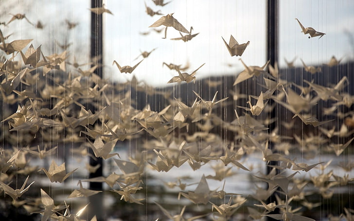 origami, birds, cords, photography, paper cranes, HD wallpaper