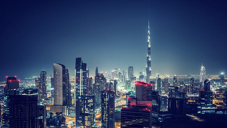 natt, 5k, stadsljus, Förenade Arabemiraten, nited arab emirates, dubai, centrum, burj khalifa, arkitektur, byggnad, torn, dagtid, 5k uhd, sky, tornblock, landmärke, metropol, skyskrapa, megapolis, skyline, stad, stadsbild, storstadsområde, HD tapet