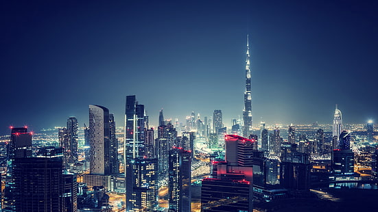 noc, 5k, światła miasta, zjednoczone emiraty arabskie, dubaj, śródmieście, burj khalifa, architektura, budynek, wieża, dzień, 5k uhd, niebo, wieżowiec, punkt orientacyjny, metropolia, drapacz chmur, megapolis, panorama, miasto, pejzaż miejski, obszar Metropolitalny, Tapety HD HD wallpaper
