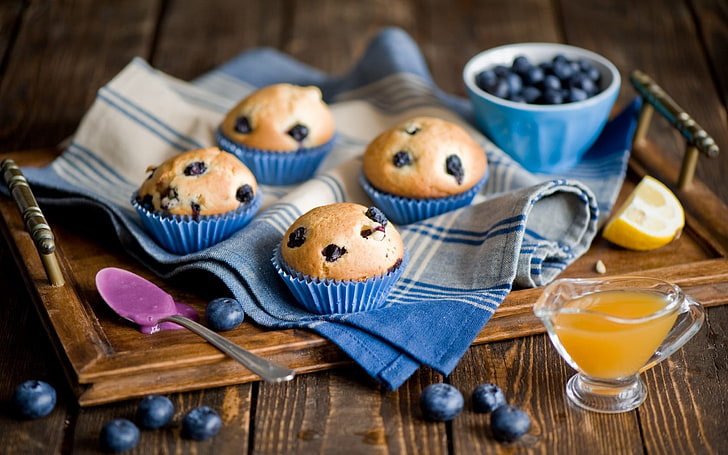 four baked muffins, cakes, pastries, blueberries, berries, lemons, fruit, jam, desserts, sweets, tray, spoon, HD wallpaper