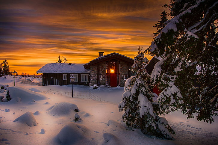 Sunset in the Cabin, Sunset, cabin, HD wallpaper