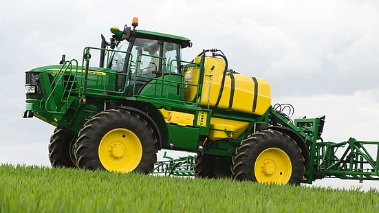 John Deere 5430i Spruta, john deere kompakt traktor, gul, jordbrukare, traktor, självgående, grön, kraftfull, photoshop, john deere, fält, lantbruk, HD tapet HD wallpaper