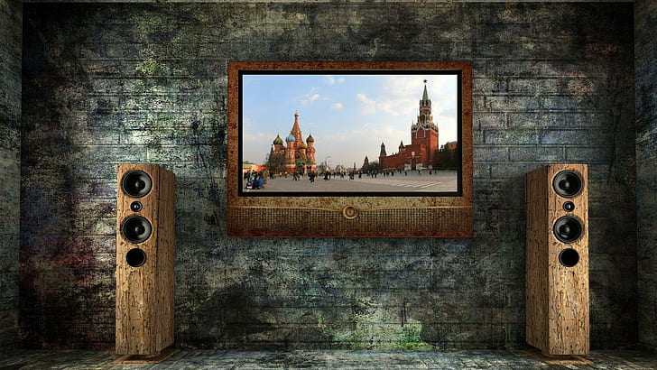 Creative Russian Tv, brick, wall, picture, speakers, 3d and abstract, HD wallpaper
