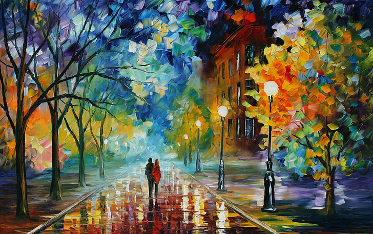 Frescura do frio, pintura chuva Rustle por Leonid Apremov, arte e criativa, arte, criativa, árvore, colorido, casal, HD papel de parede