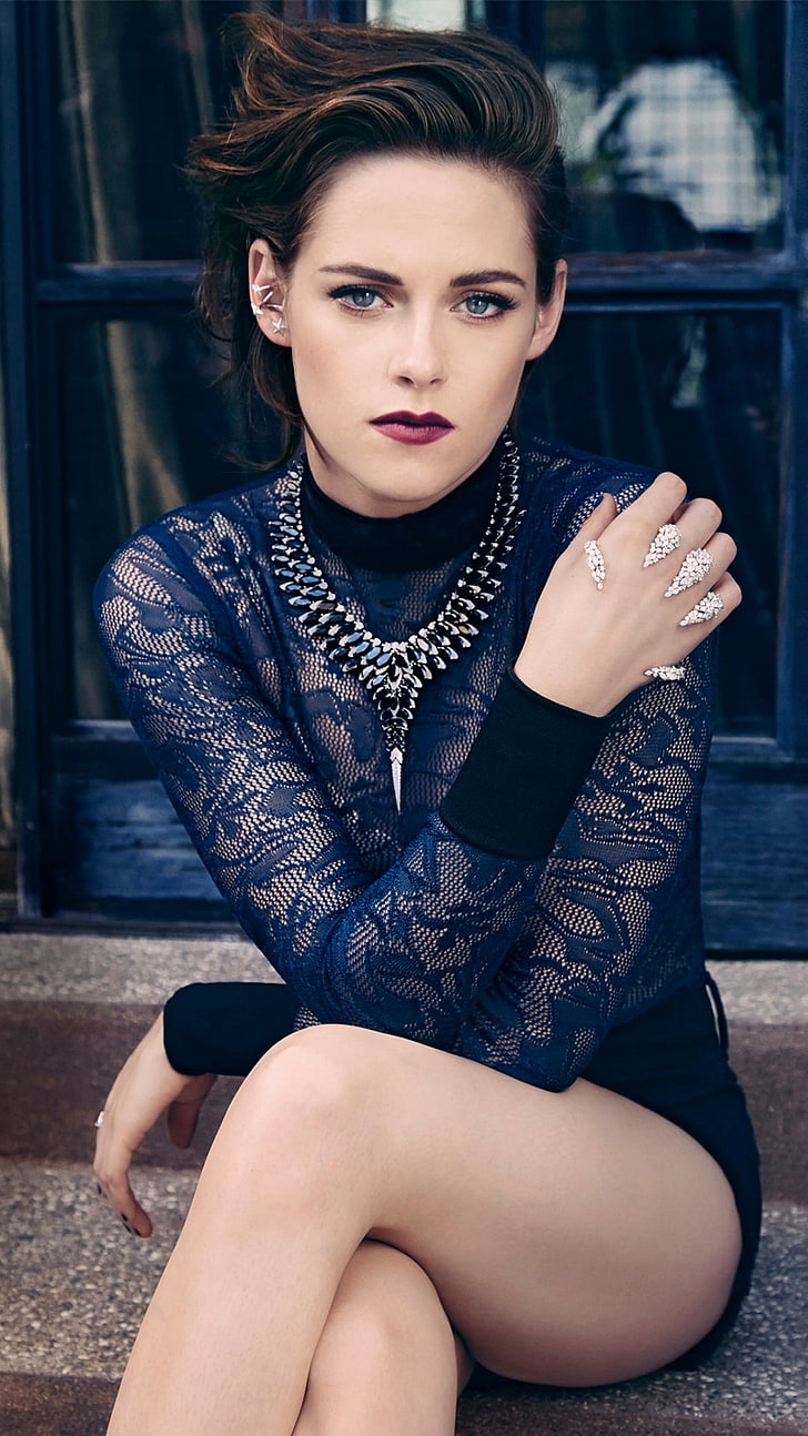 Kristen Stewart Marie Claire 2015, blaues langärmliges Kleid der Frauen, weibliche Berühmtheiten, Kristen Stewart, Schauspielerin, Hollywood, 2015, HD-Hintergrundbild, Handy-Hintergrundbild